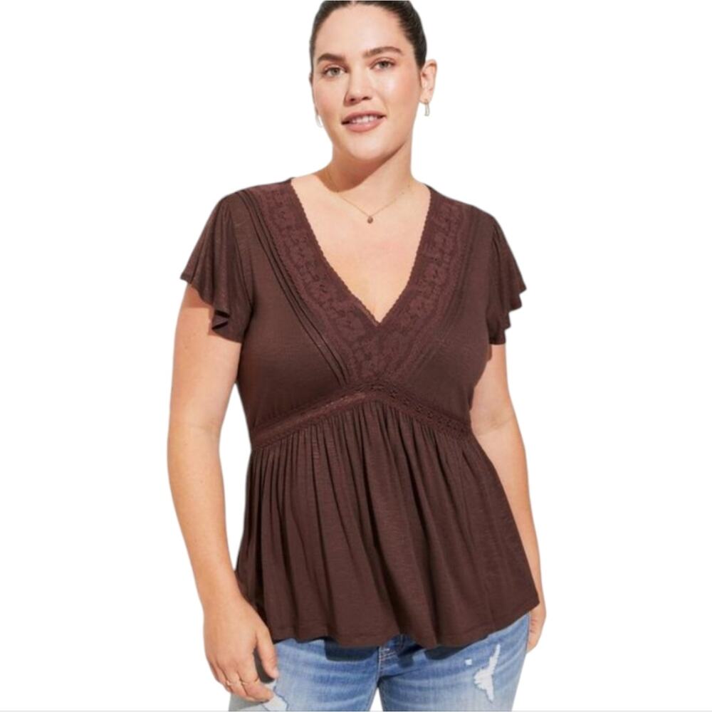 Torrid Chocolate Brown Knit V-Neck Lace Inset Babydoll Top Shirt Plus Size 3 3X